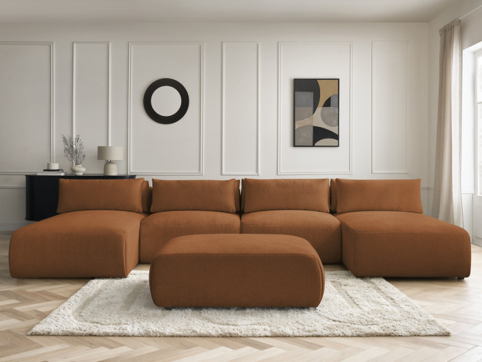 Canapé panoramique fixe modulable avec têtières JANA tissu chiné avec 2 méridiennes, 2 chauffeuses et 1 grand pouf