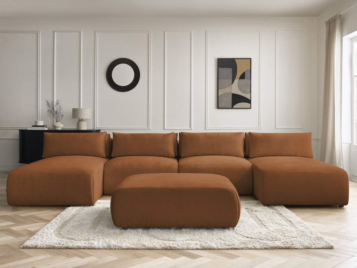 Modulaire vaste panoramabank met hoofdsteunen JANA gemêleerde stof met 2 chaise longues, 2 fauteuils en 1 grote poef