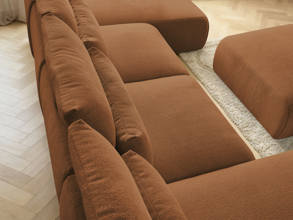 Modulaire vaste panoramabank met hoofdsteunen JANA gemêleerde stof met 2 chaise longues, 2 fauteuils en 1 grote poef