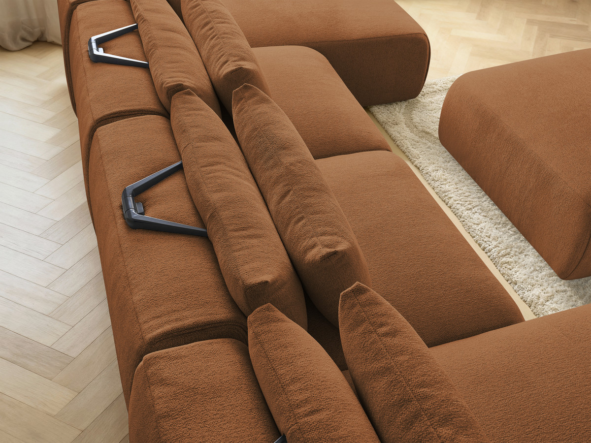 Modulaire vaste panoramabank met hoofdsteunen JANA gemêleerde stof met 2 chaise longues, 2 fauteuils en 1 grote poef