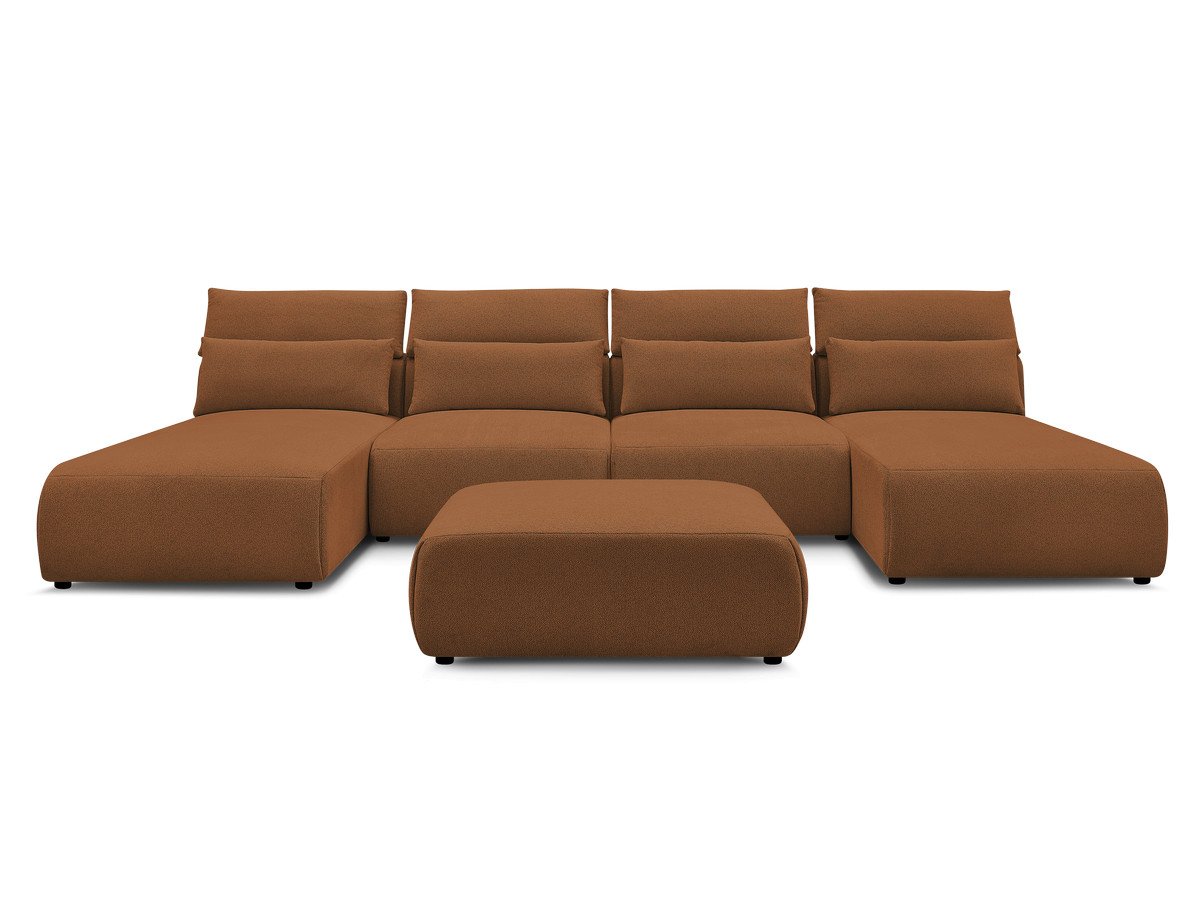 Modulaire vaste panoramabank met hoofdsteunen JANA gemêleerde stof met 2 chaise longues, 2 fauteuils en 1 grote poef