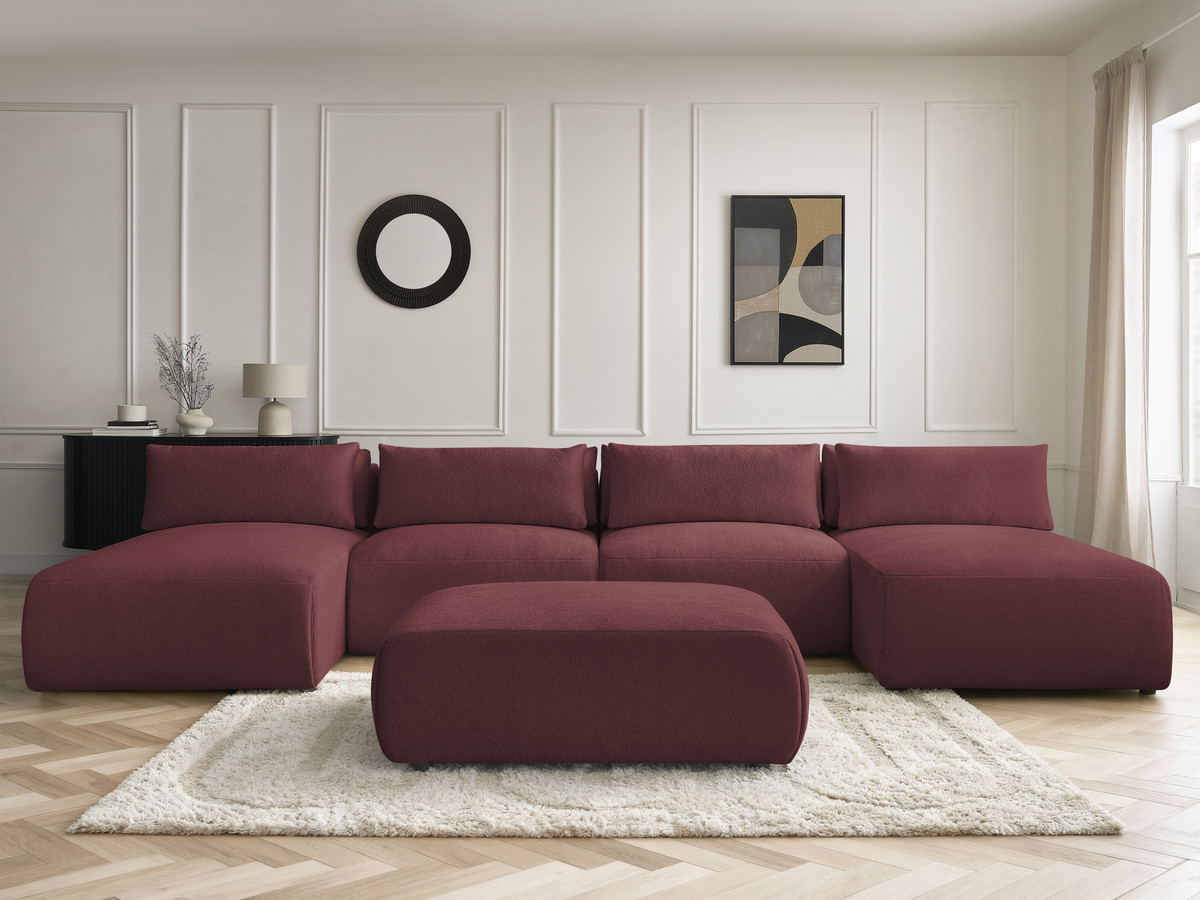 Modulaire vaste panoramabank met hoofdsteunen JANA gemêleerde stof met 2 chaise longues, 2 fauteuils en 1 grote poef