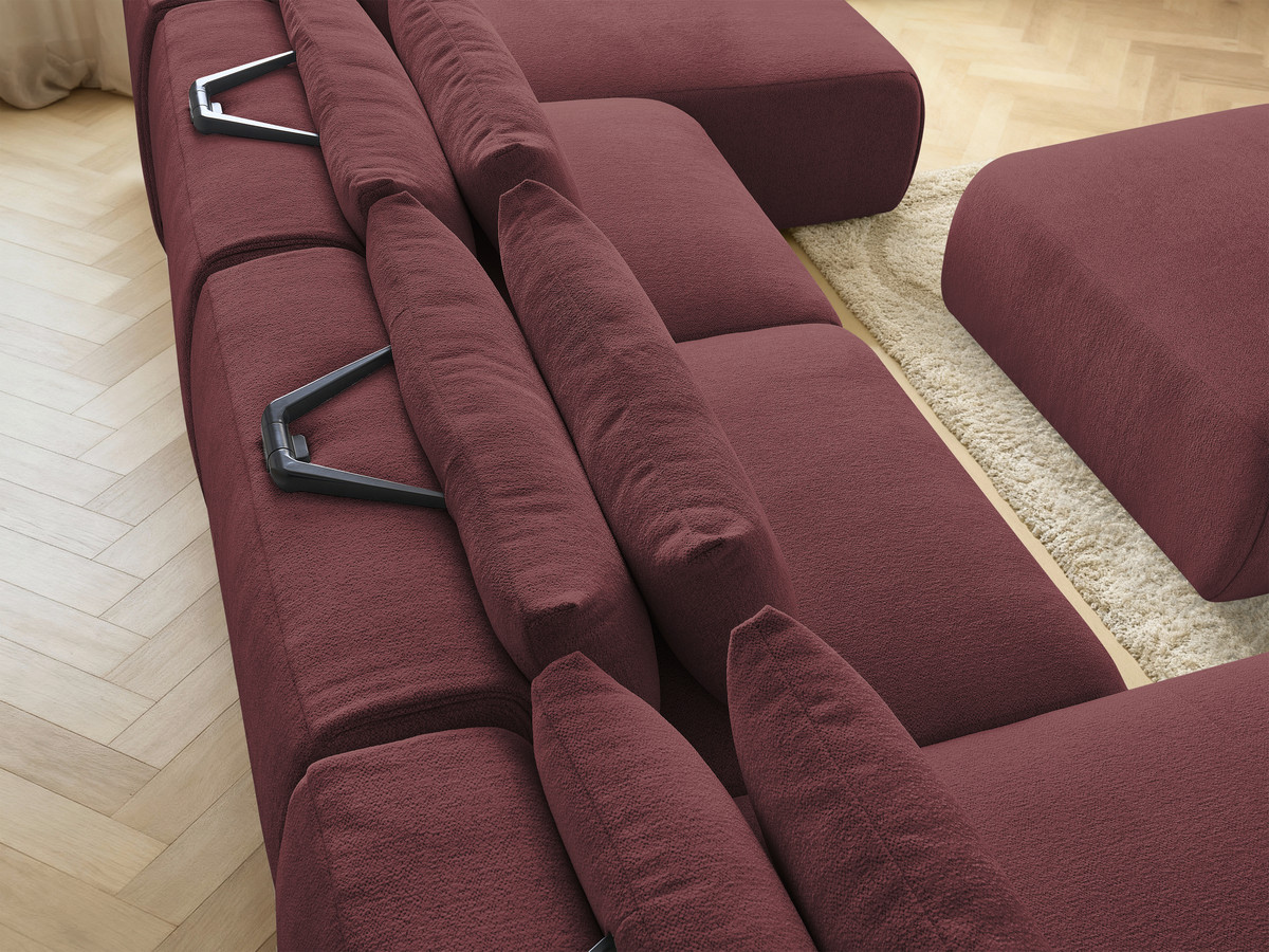 Modulaire vaste panoramabank met hoofdsteunen JANA gemêleerde stof met 2 chaise longues, 2 fauteuils en 1 grote poef