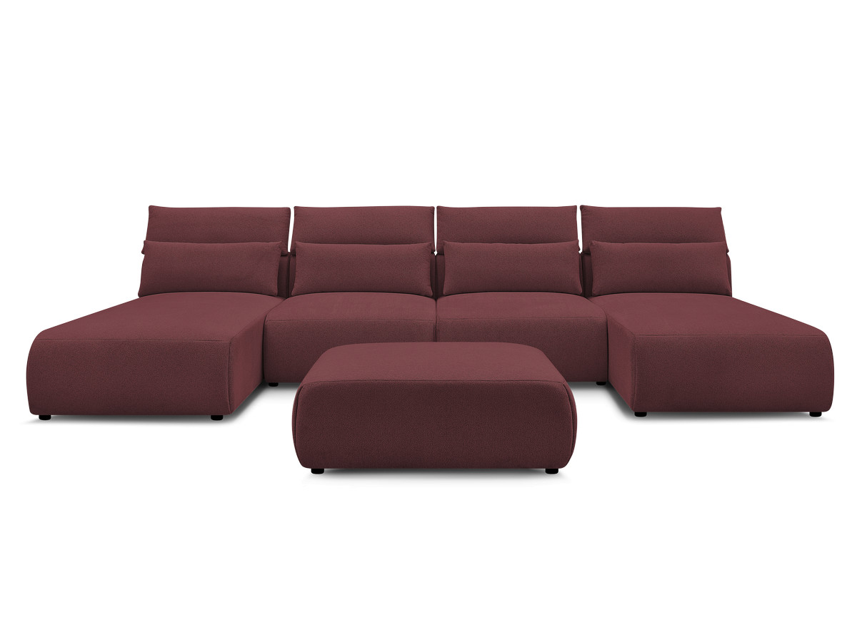 Modulaire vaste panoramabank met hoofdsteunen JANA gemêleerde stof met 2 chaise longues, 2 fauteuils en 1 grote poef
