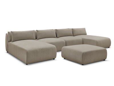 Canapé panoramique fixe modulable avec têtières JANA tissu chiné avec 2 méridiennes, 2 chauffeuses et 1 grand pouf