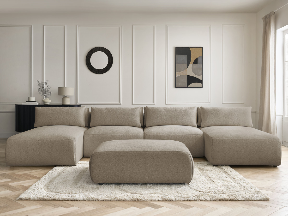 Modulaire vaste panoramabank met hoofdsteunen JANA gemêleerde stof met 2 chaise longues, 2 fauteuils en 1 grote poef