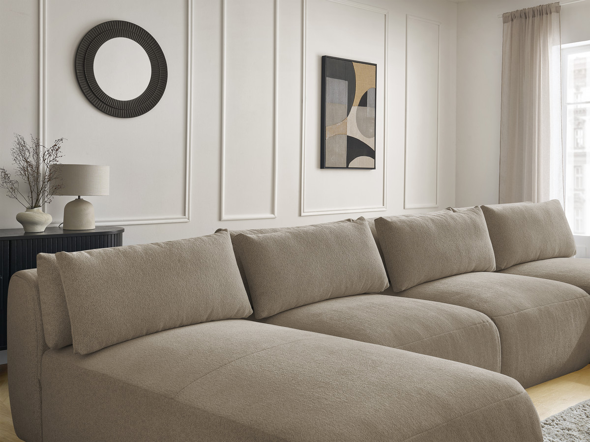 Modulaire vaste panoramabank met hoofdsteunen JANA gemêleerde stof met 2 chaise longues, 2 fauteuils en 1 grote poef