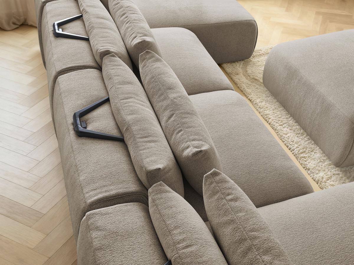 Modulaire vaste panoramabank met hoofdsteunen JANA gemêleerde stof met 2 chaise longues, 2 fauteuils en 1 grote poef