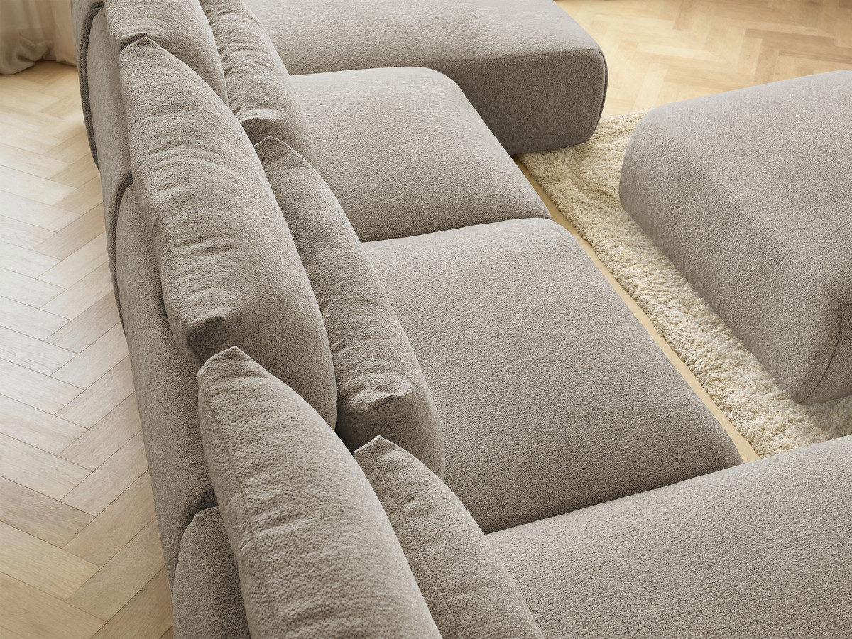 Modulaire vaste panoramabank met hoofdsteunen JANA gemêleerde stof met 2 chaise longues, 2 fauteuils en 1 grote poef