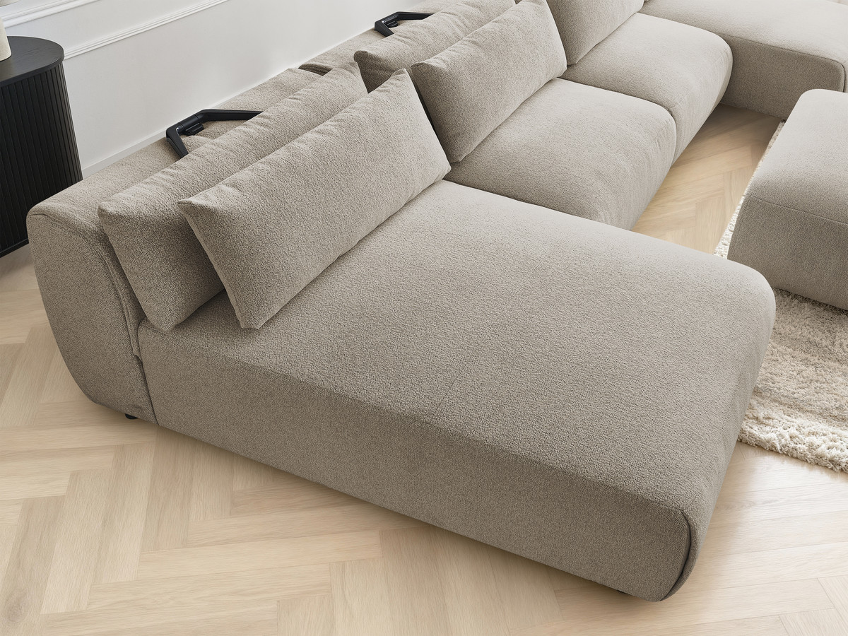 Modulaire vaste panoramabank met hoofdsteunen JANA gemêleerde stof met 2 chaise longues, 2 fauteuils en 1 grote poef