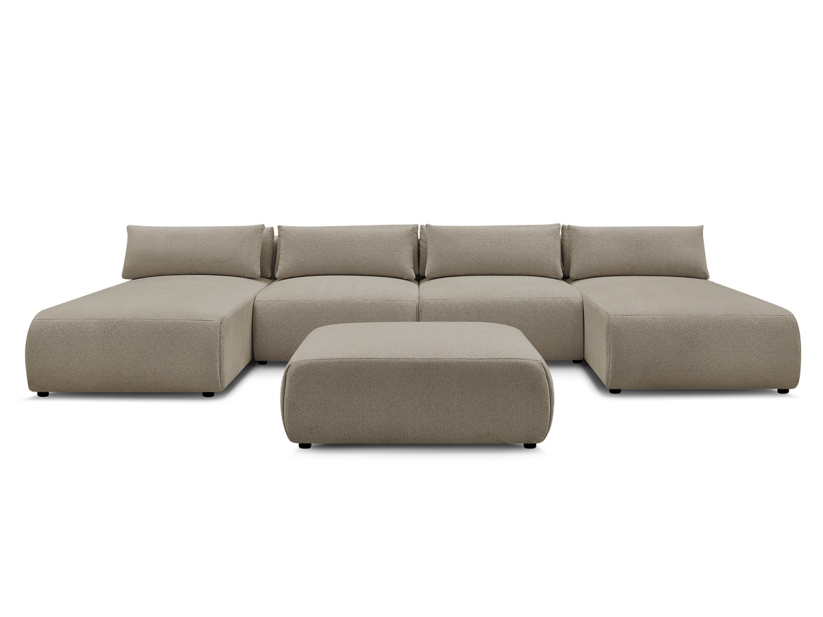 Modulaire vaste panoramabank met hoofdsteunen JANA gemêleerde stof met 2 chaise longues, 2 fauteuils en 1 grote poef