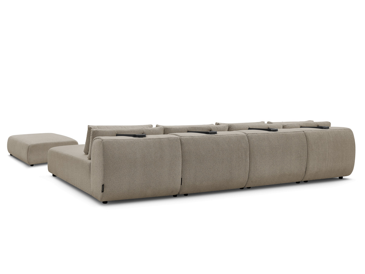 Modulaire vaste panoramabank met hoofdsteunen JANA gemêleerde stof met 2 chaise longues, 2 fauteuils en 1 grote poef