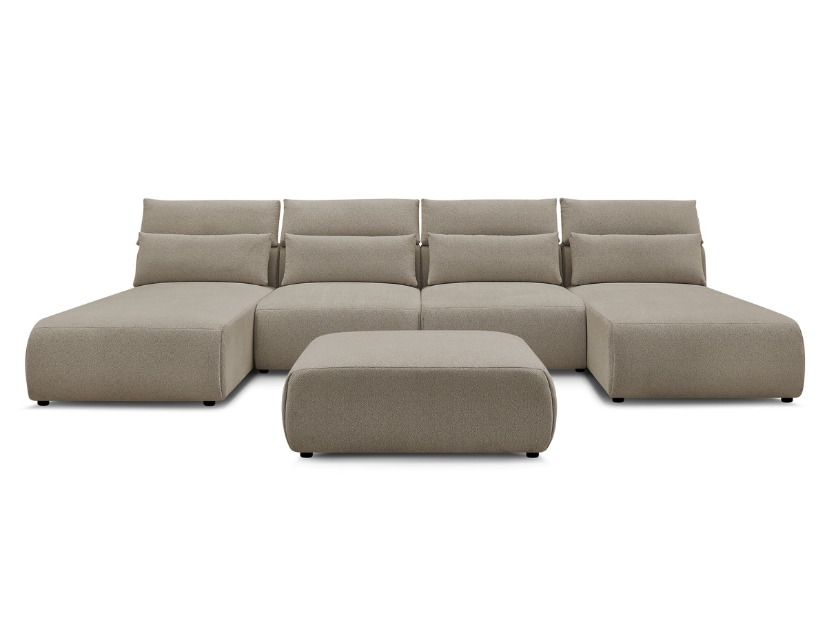 Modulaire vaste panoramabank met hoofdsteunen JANA gemêleerde stof met 2 chaise longues, 2 fauteuils en 1 grote poef