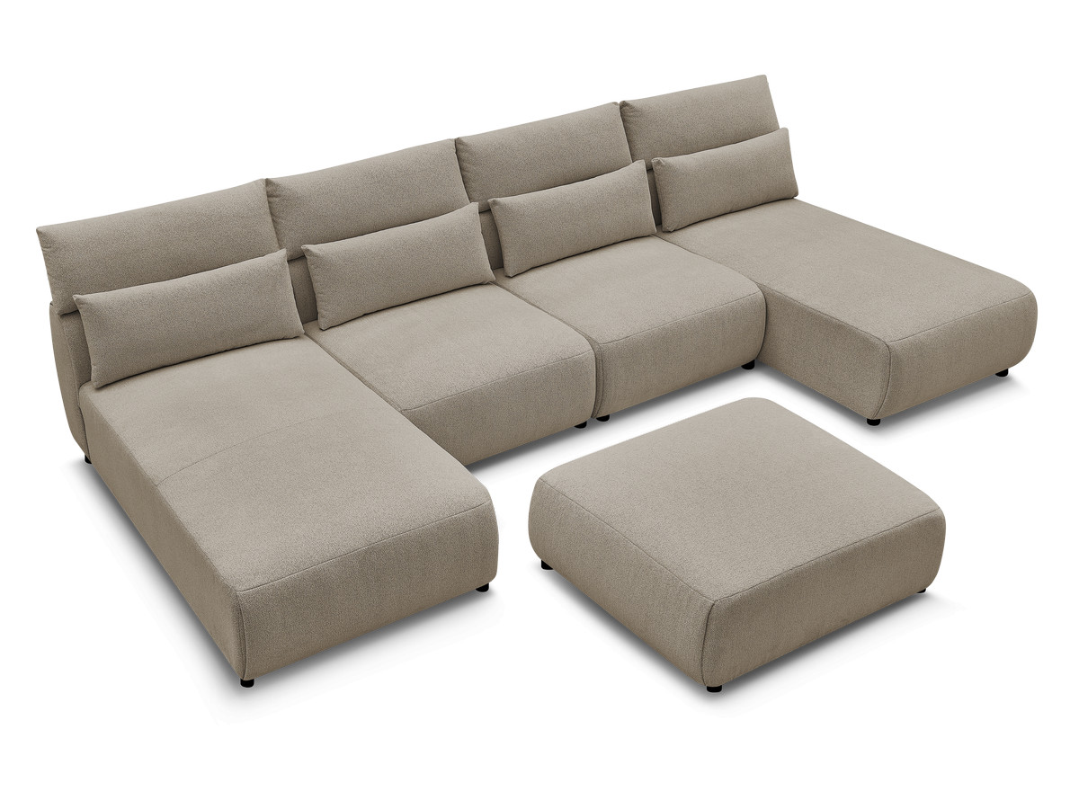 Modulaire vaste panoramabank met hoofdsteunen JANA gemêleerde stof met 2 chaise longues, 2 fauteuils en 1 grote poef