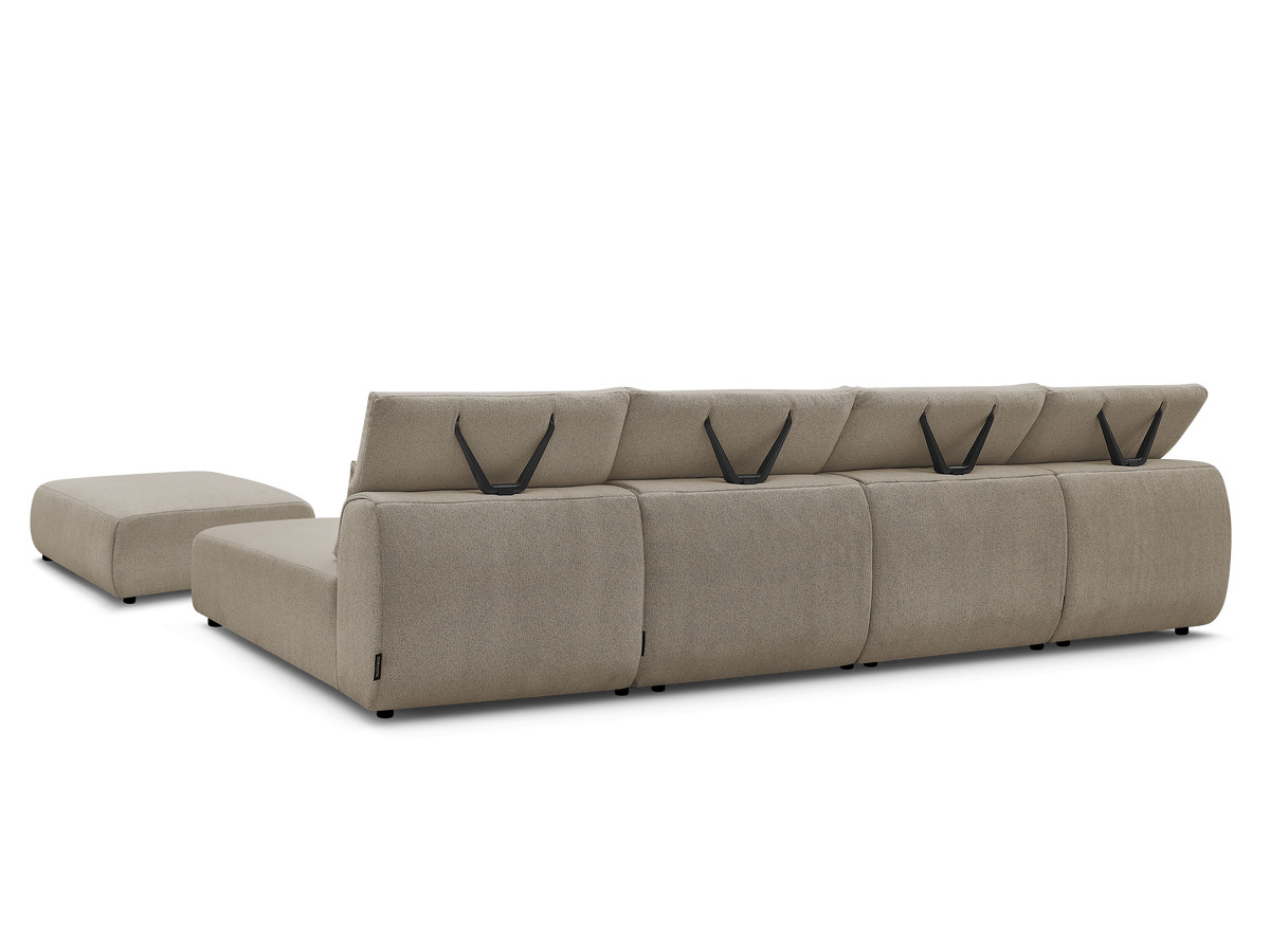 Modulaire vaste panoramabank met hoofdsteunen JANA gemêleerde stof met 2 chaise longues, 2 fauteuils en 1 grote poef