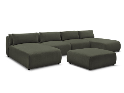 Canapé panoramique fixe modulable avec têtières JANA tissu chiné avec 2 méridiennes, 2 chauffeuses et 1 grand pouf