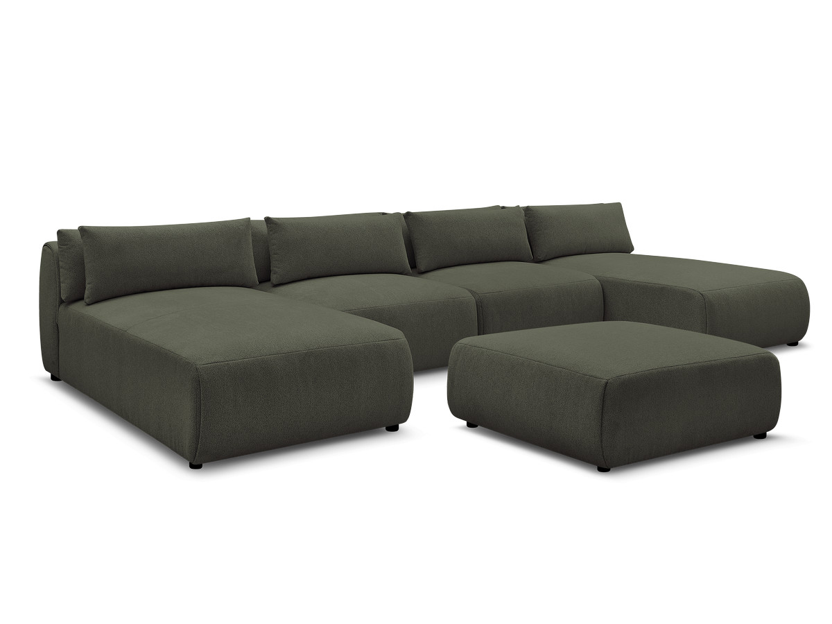 Modulaire vaste panoramabank met hoofdsteunen JANA gemêleerde stof met 2 chaise longues, 2 fauteuils en 1 grote poef