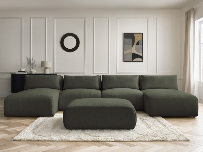 Canapé panoramique fixe modulable avec têtières JANA tissu chiné avec 2 méridiennes, 2 chauffeuses et 1 grand pouf