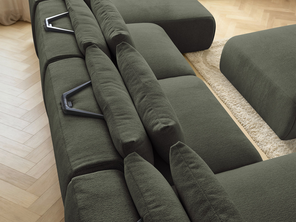 Modulaire vaste panoramabank met hoofdsteunen JANA gemêleerde stof met 2 chaise longues, 2 fauteuils en 1 grote poef