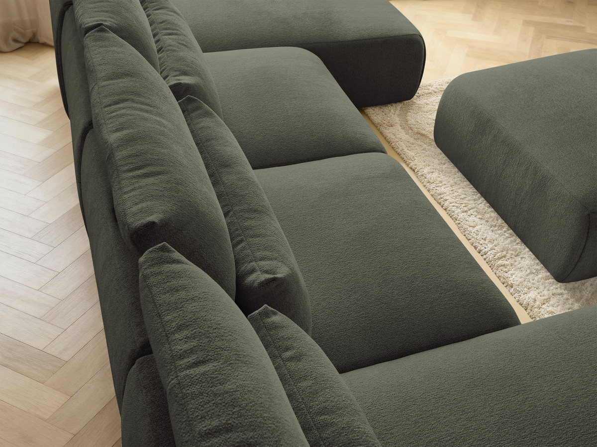 Modulaire vaste panoramabank met hoofdsteunen JANA gemêleerde stof met 2 chaise longues, 2 fauteuils en 1 grote poef