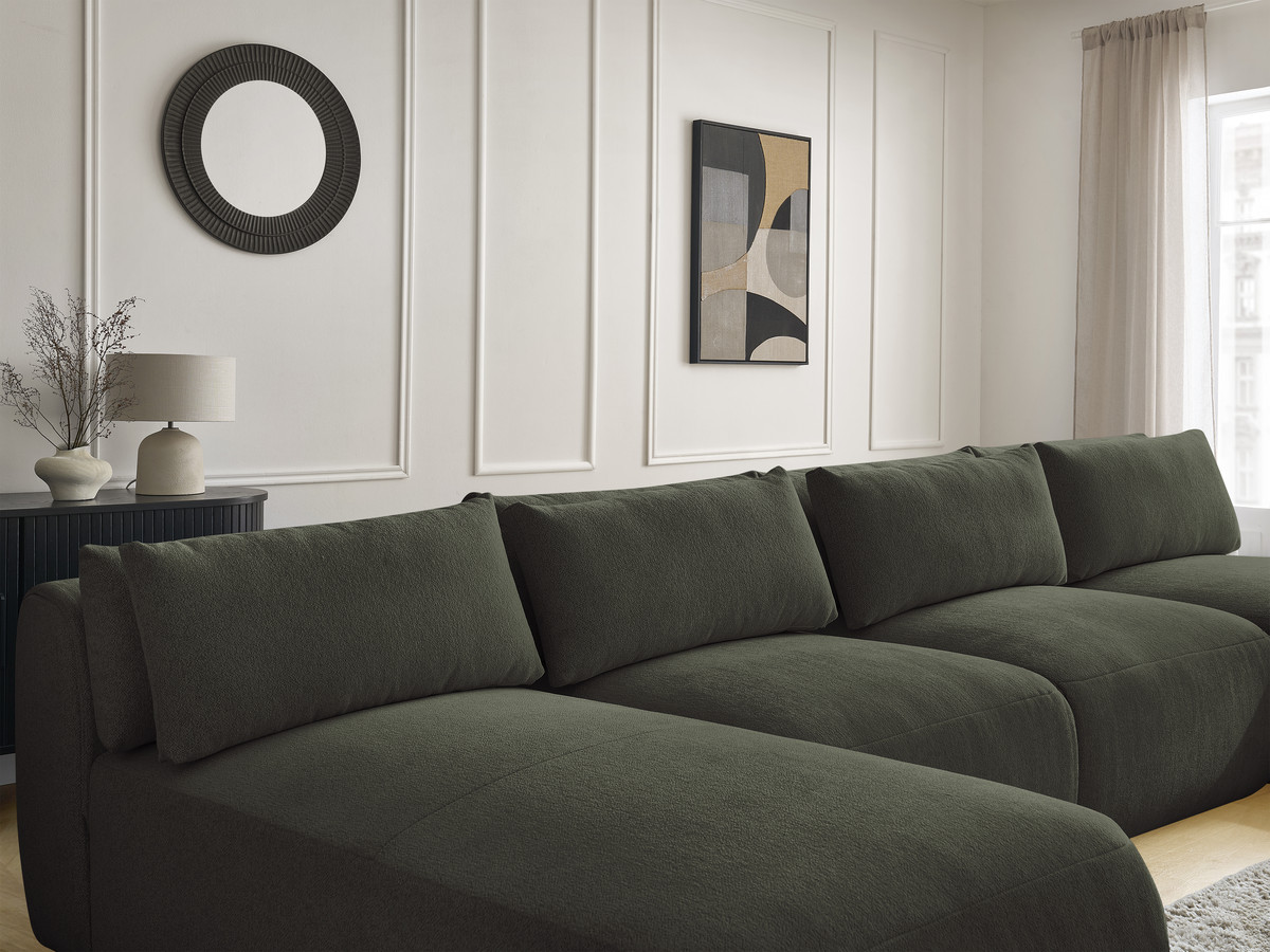 Modulaire vaste panoramabank met hoofdsteunen JANA gemêleerde stof met 2 chaise longues, 2 fauteuils en 1 grote poef