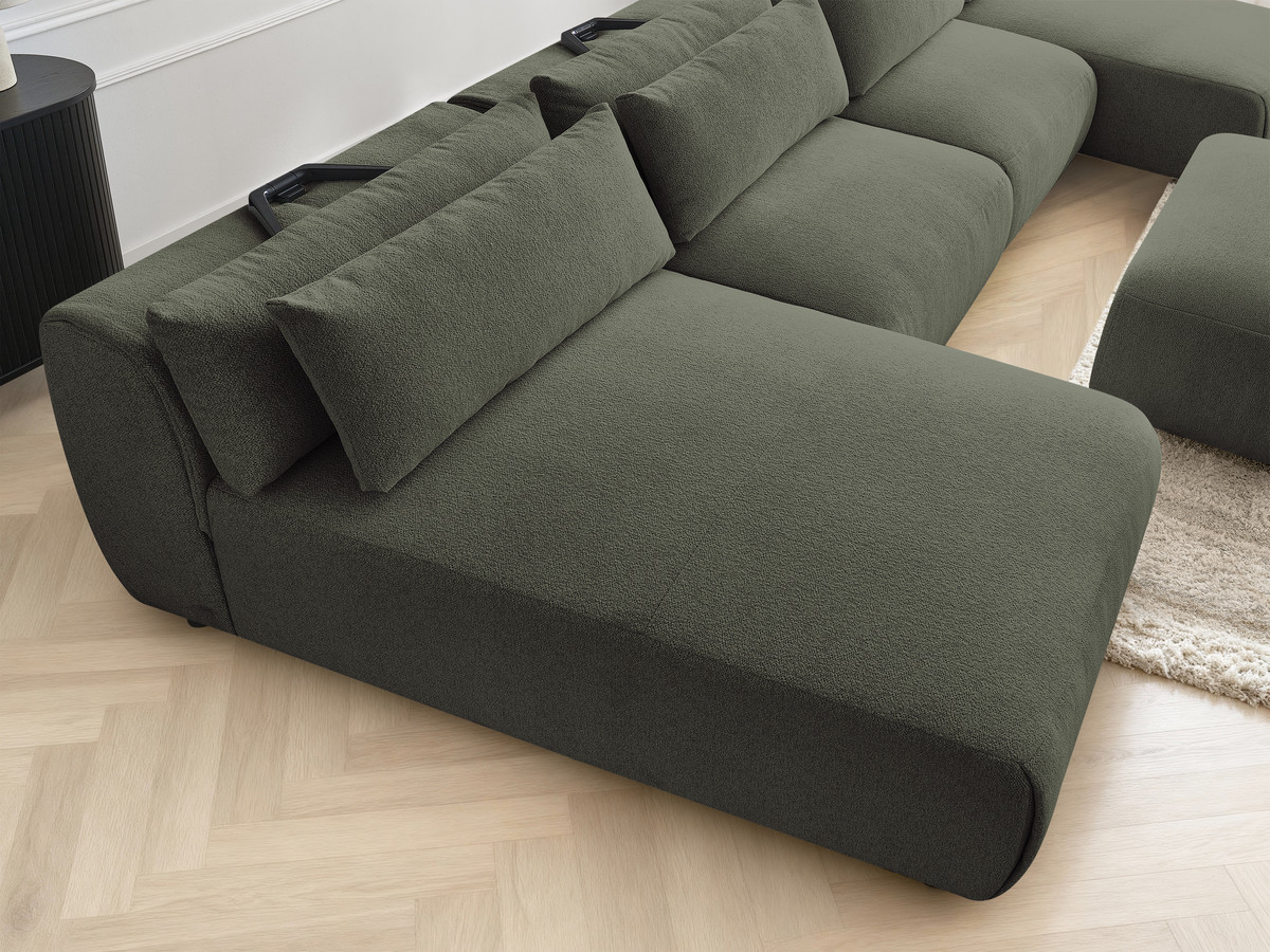 Modulaire vaste panoramabank met hoofdsteunen JANA gemêleerde stof met 2 chaise longues, 2 fauteuils en 1 grote poef