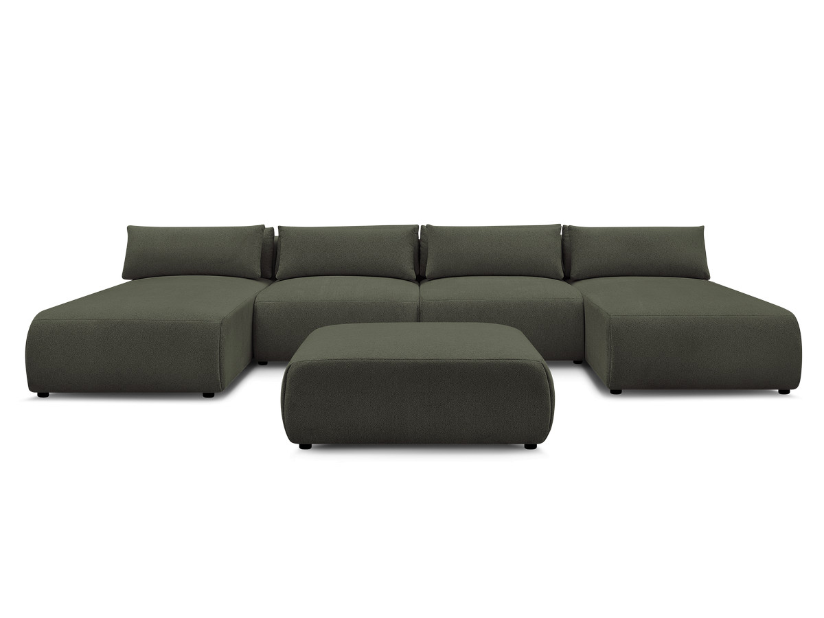 Modulaire vaste panoramabank met hoofdsteunen JANA gemêleerde stof met 2 chaise longues, 2 fauteuils en 1 grote poef