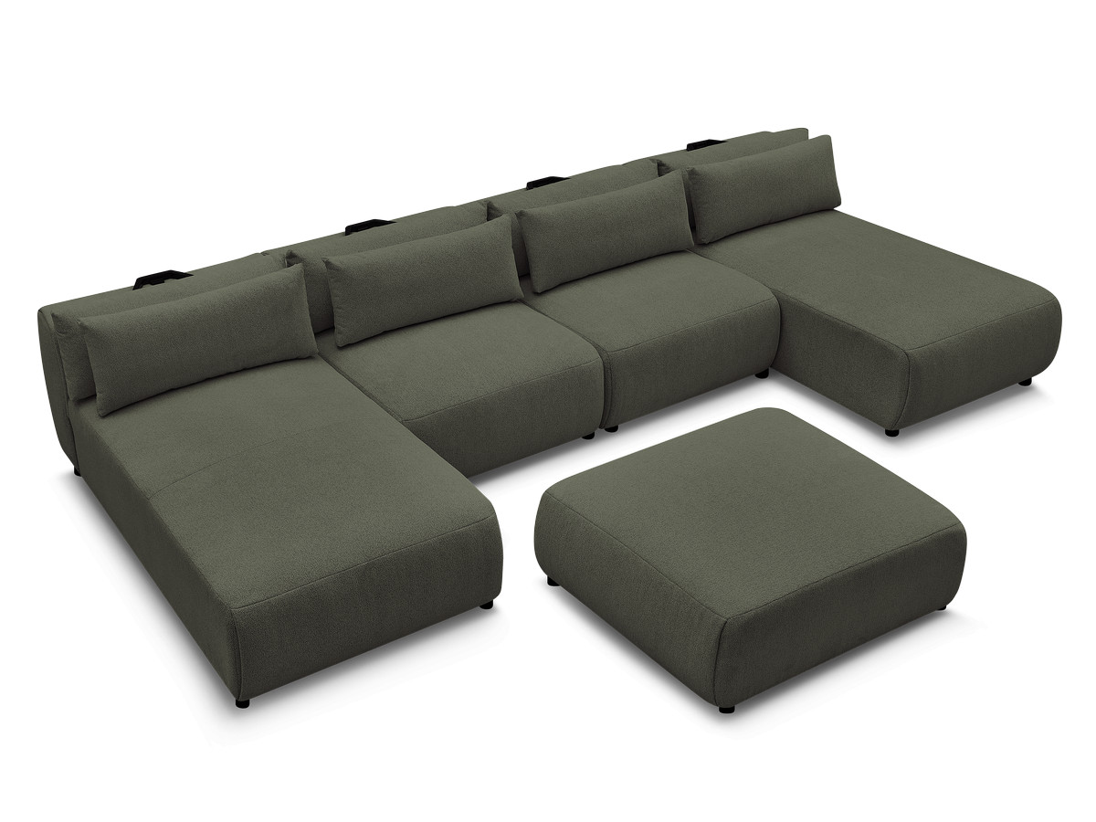 Modulaire vaste panoramabank met hoofdsteunen JANA gemêleerde stof met 2 chaise longues, 2 fauteuils en 1 grote poef