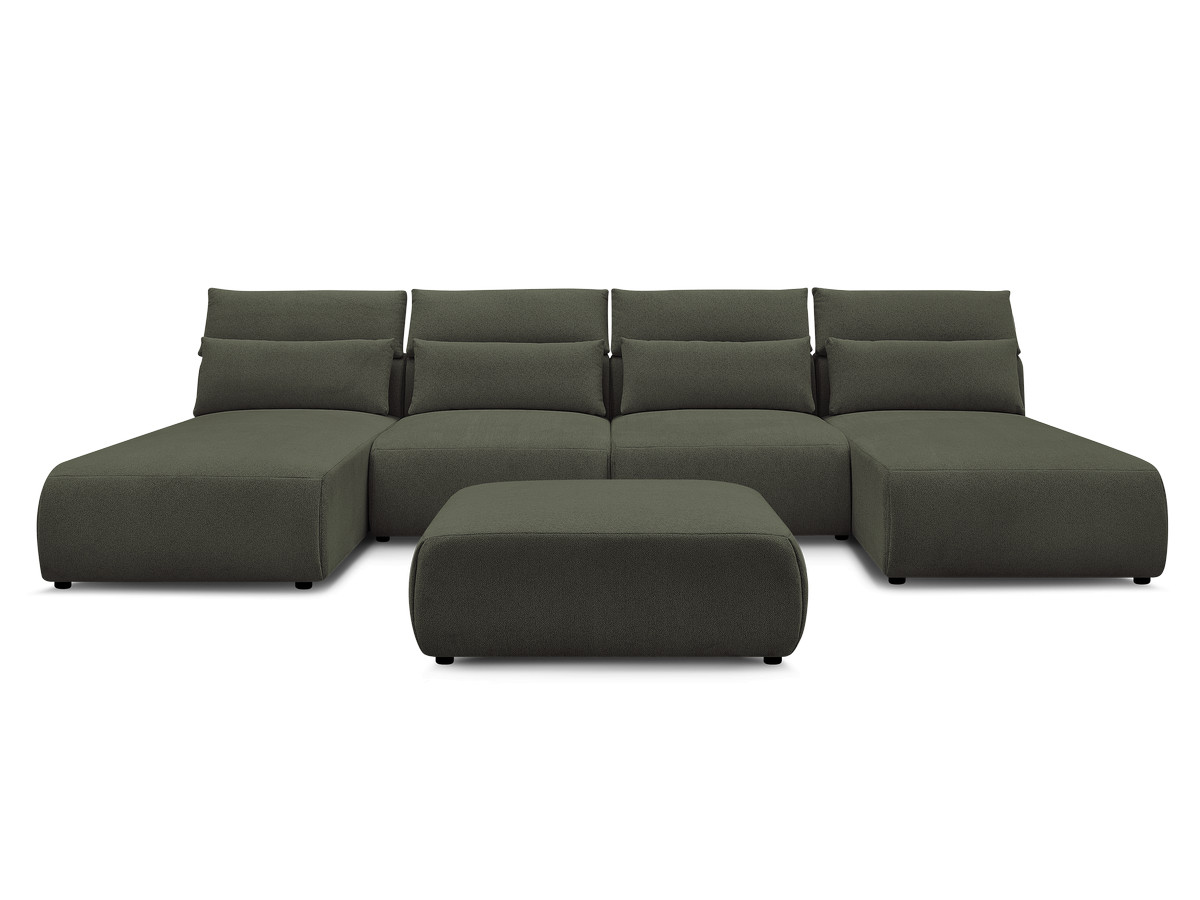 Modulaire vaste panoramabank met hoofdsteunen JANA gemêleerde stof met 2 chaise longues, 2 fauteuils en 1 grote poef