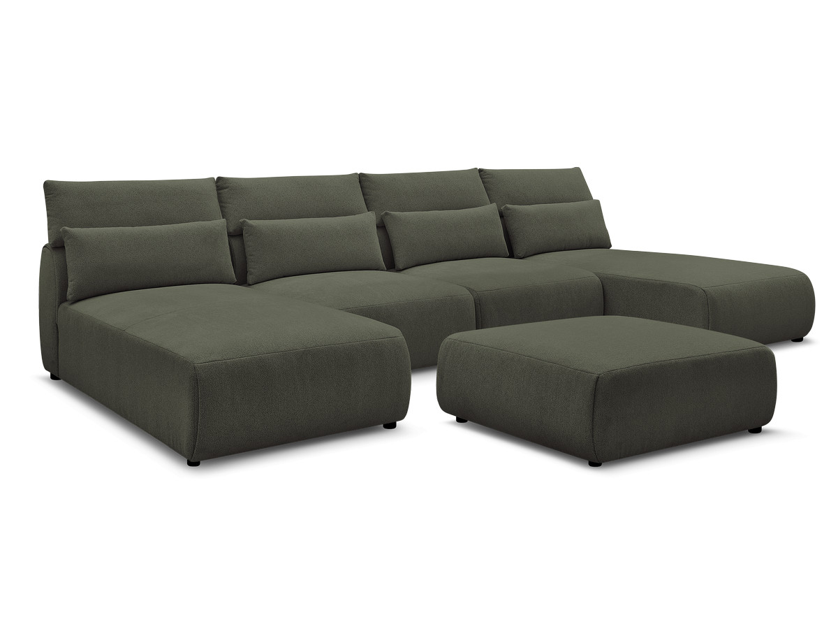 Modulaire vaste panoramabank met hoofdsteunen JANA gemêleerde stof met 2 chaise longues, 2 fauteuils en 1 grote poef