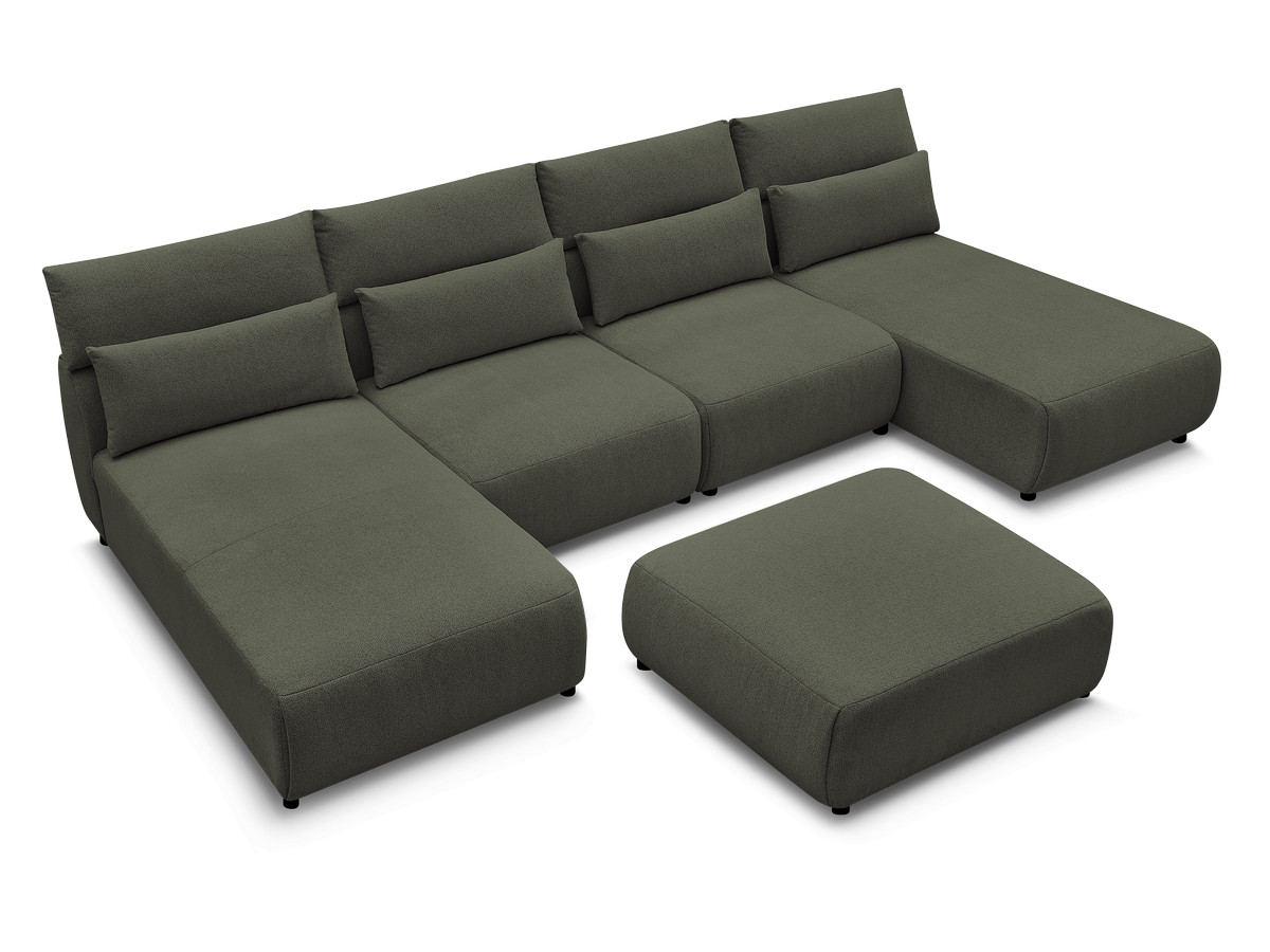 Modulaire vaste panoramabank met hoofdsteunen JANA gemêleerde stof met 2 chaise longues, 2 fauteuils en 1 grote poef