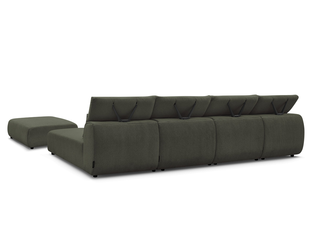 Modulaire vaste panoramabank met hoofdsteunen JANA gemêleerde stof met 2 chaise longues, 2 fauteuils en 1 grote poef