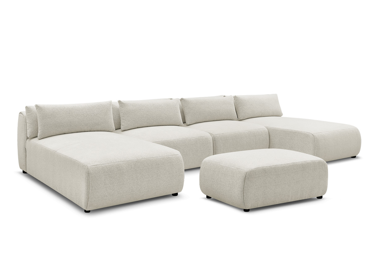 modulaire vaste panoramabank met hoofdsteunen jana gemêleerde stof met 2 chaise longues, 2 fauteuils en 1 kleine poef gekleurd wit