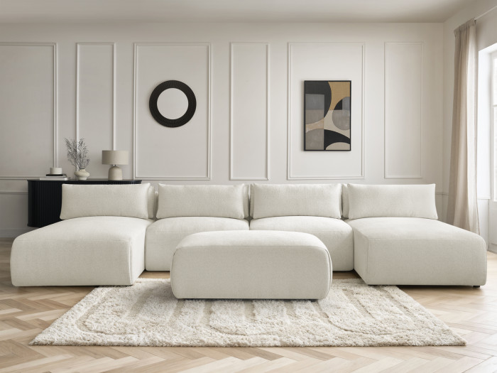 Canapé panoramique fixe modulable avec têtières JANA tissu chiné avec 2 méridiennes, 2 chauffeuses et 1 petit pouf