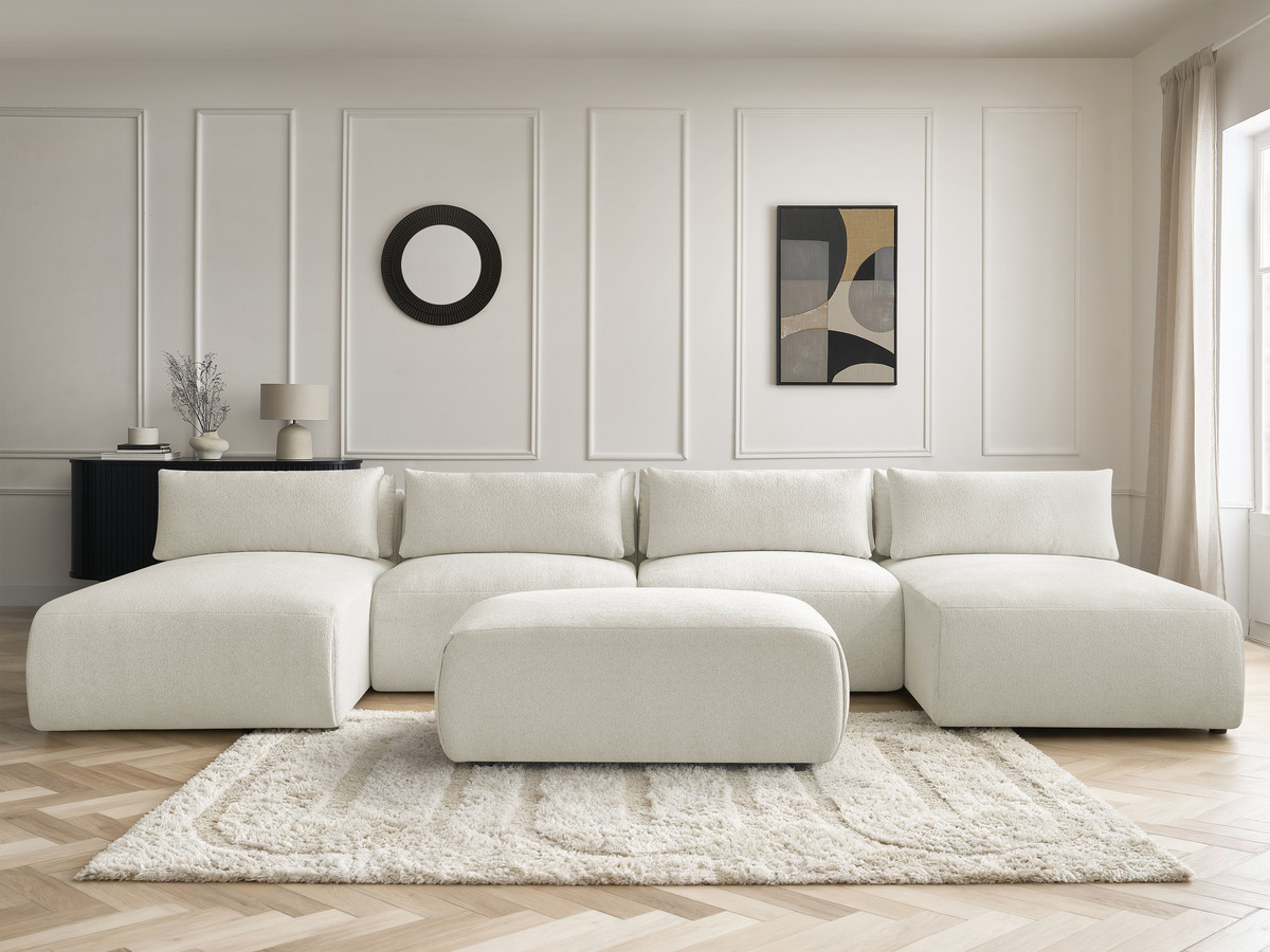 Modulaire vaste panoramabank met hoofdsteunen JANA gemêleerde stof met 2 chaise longues, 2 fauteuils en 1 kleine poef