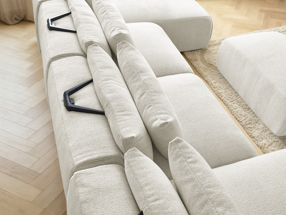 Modulaire vaste panoramabank met hoofdsteunen JANA gemêleerde stof met 2 chaise longues, 2 fauteuils en 1 kleine poef