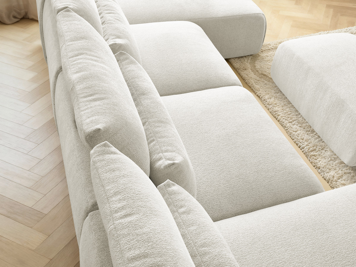 Modulaire vaste panoramabank met hoofdsteunen JANA gemêleerde stof met 2 chaise longues, 2 fauteuils en 1 kleine poef