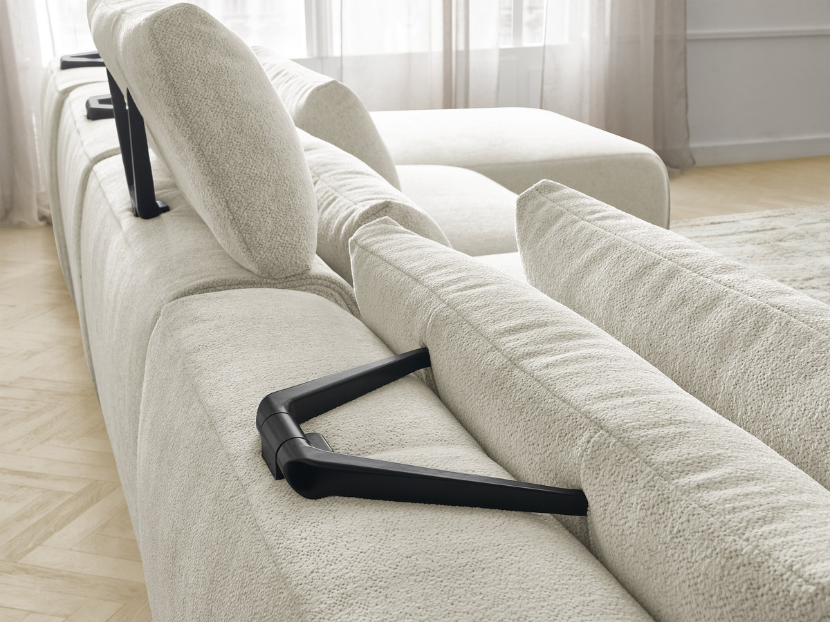 Modulaire vaste panoramabank met hoofdsteunen JANA gemêleerde stof met 2 chaise longues, 2 fauteuils en 1 kleine poef