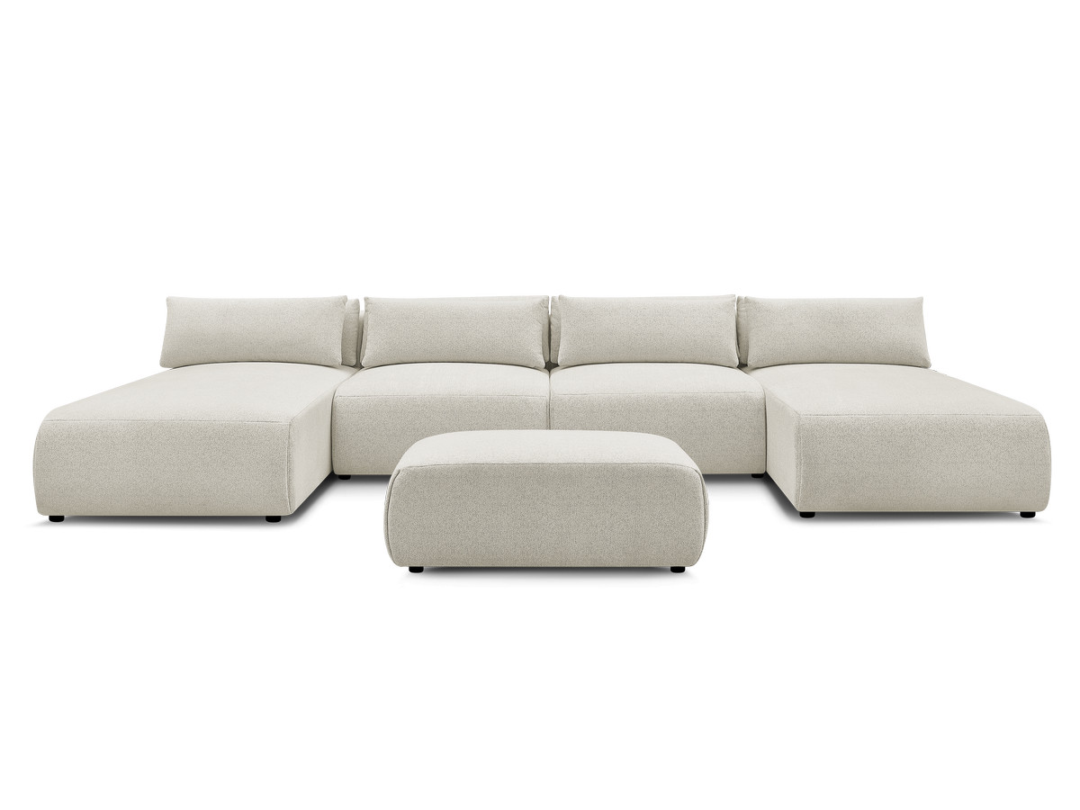Modulaire vaste panoramabank met hoofdsteunen JANA gemêleerde stof met 2 chaise longues, 2 fauteuils en 1 kleine poef