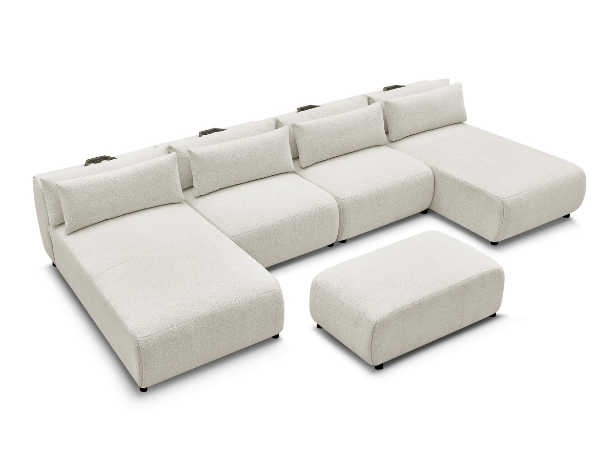 Modulaire vaste panoramabank met hoofdsteunen JANA gemêleerde stof met 2 chaise longues, 2 fauteuils en 1 kleine poef