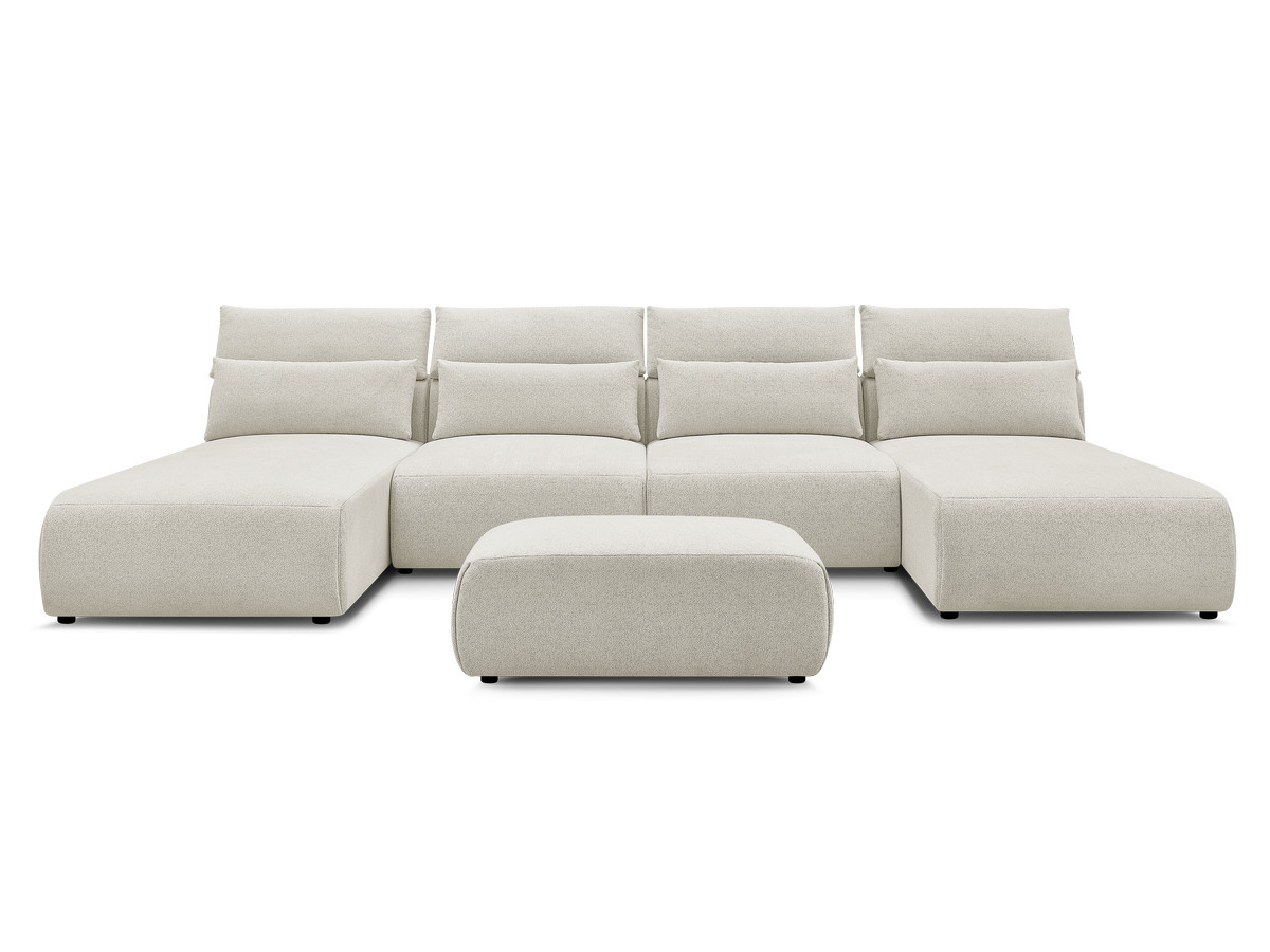 Modulaire vaste panoramabank met hoofdsteunen JANA gemêleerde stof met 2 chaise longues, 2 fauteuils en 1 kleine poef