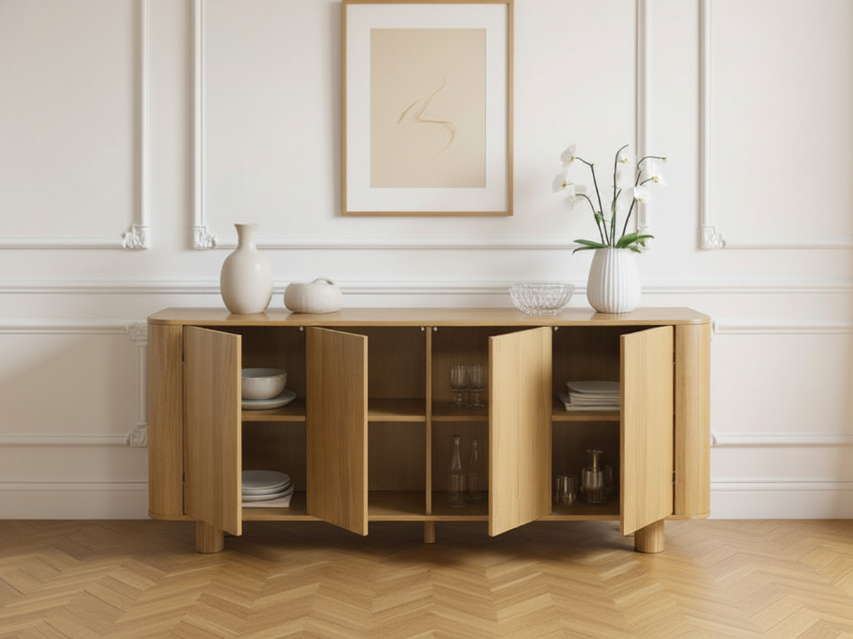 Buffet 4 portes 180 cm MALO placage chêne massif marron clair — vue 4