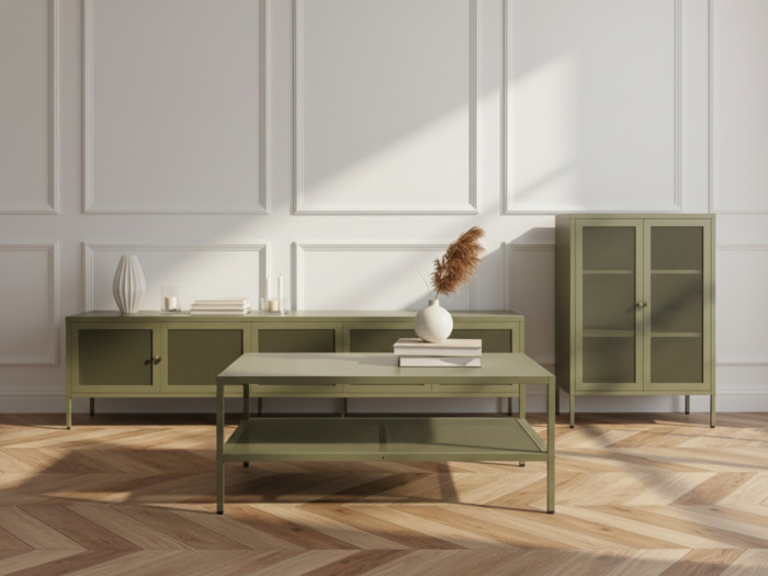 Meuble TV 4 portes 160 cm CLARA métal + Buffet haut 2 portes 70 cm CLARA métal + Table basse 100 cm CLARA métal édition limitée