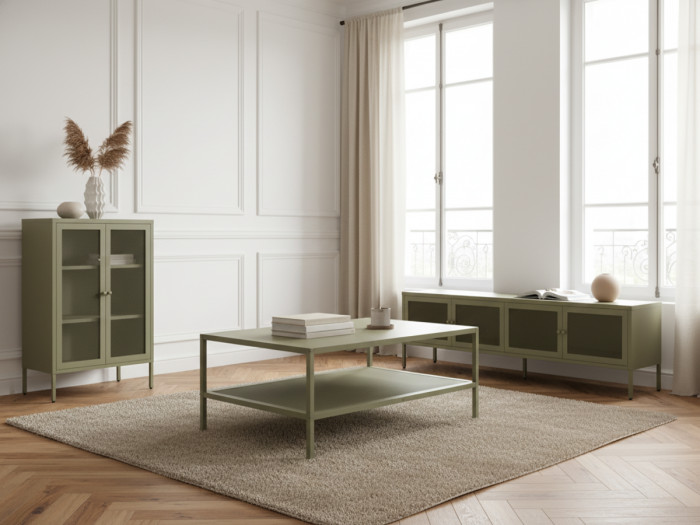 Meuble TV 4 portes 160 cm CLARA métal +Buffet haut 2 portes 70 cm CLARA métal + Table basse 100 cm CLARA métal