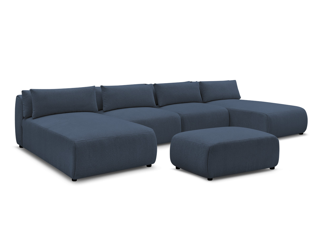 Modulaire vaste panoramabank met hoofdsteunen JANA gemêleerde stof met 2 chaise longues, 2 fauteuils en 1 kleine poef