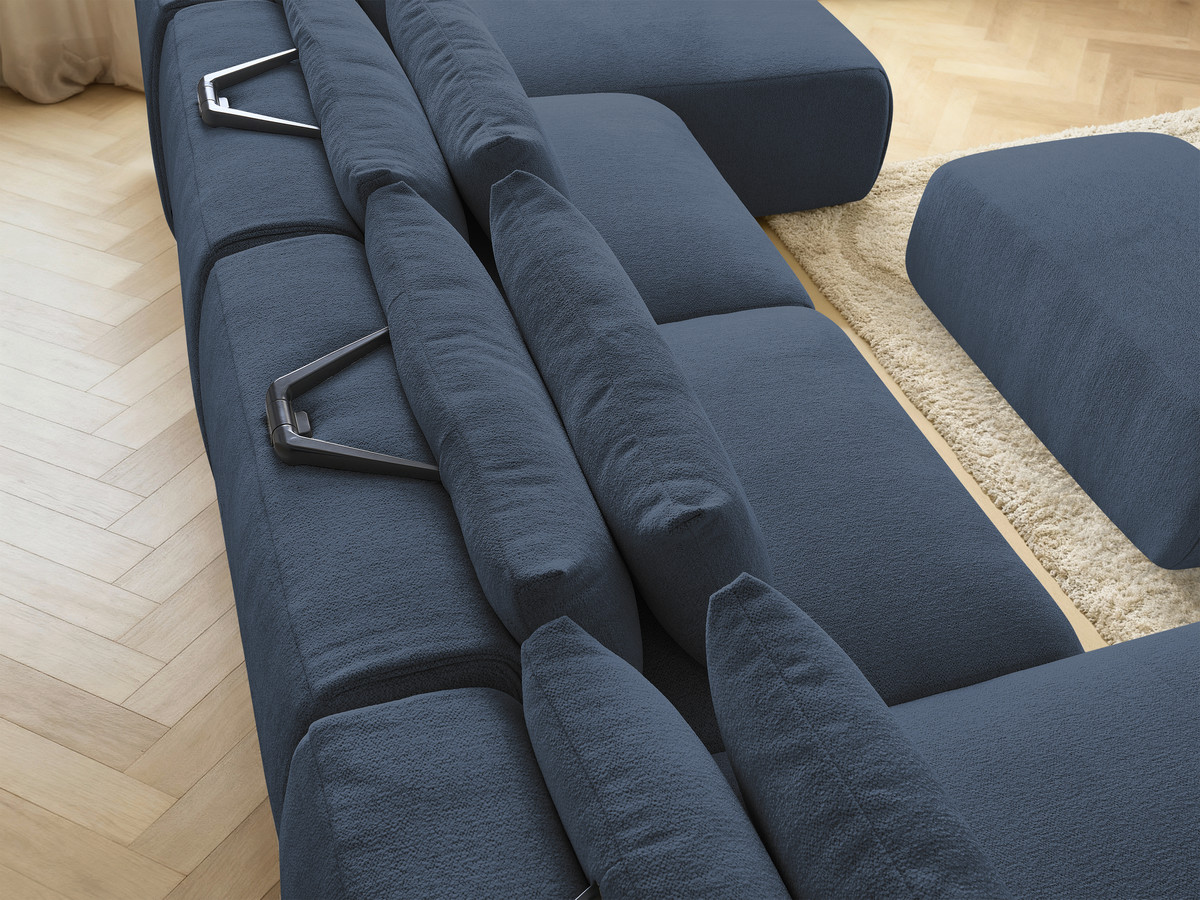 Modulaire vaste panoramabank met hoofdsteunen JANA gemêleerde stof met 2 chaise longues, 2 fauteuils en 1 kleine poef