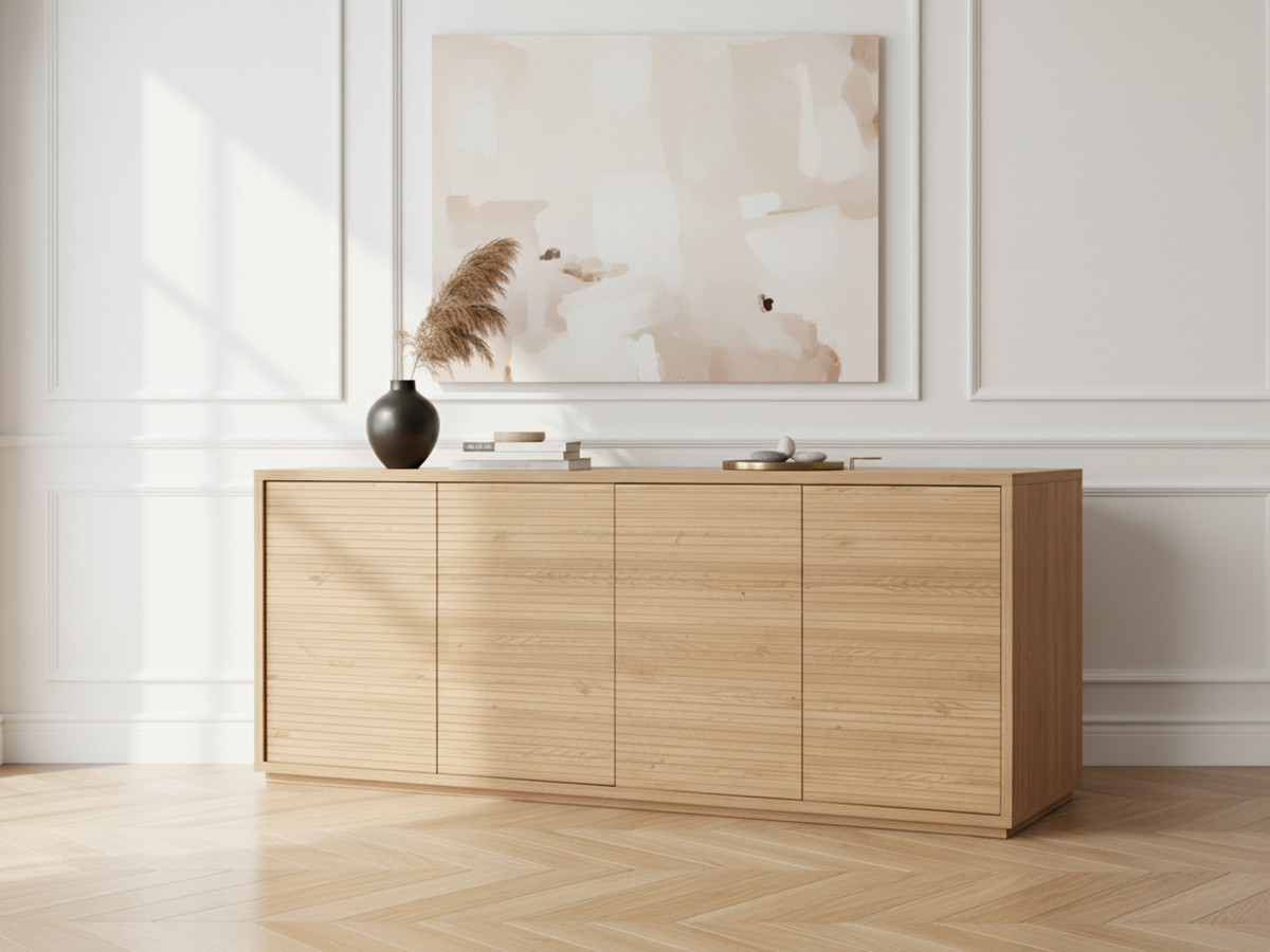 Buffet 4 portes 180 cm FERRET effet tasseaux de bois