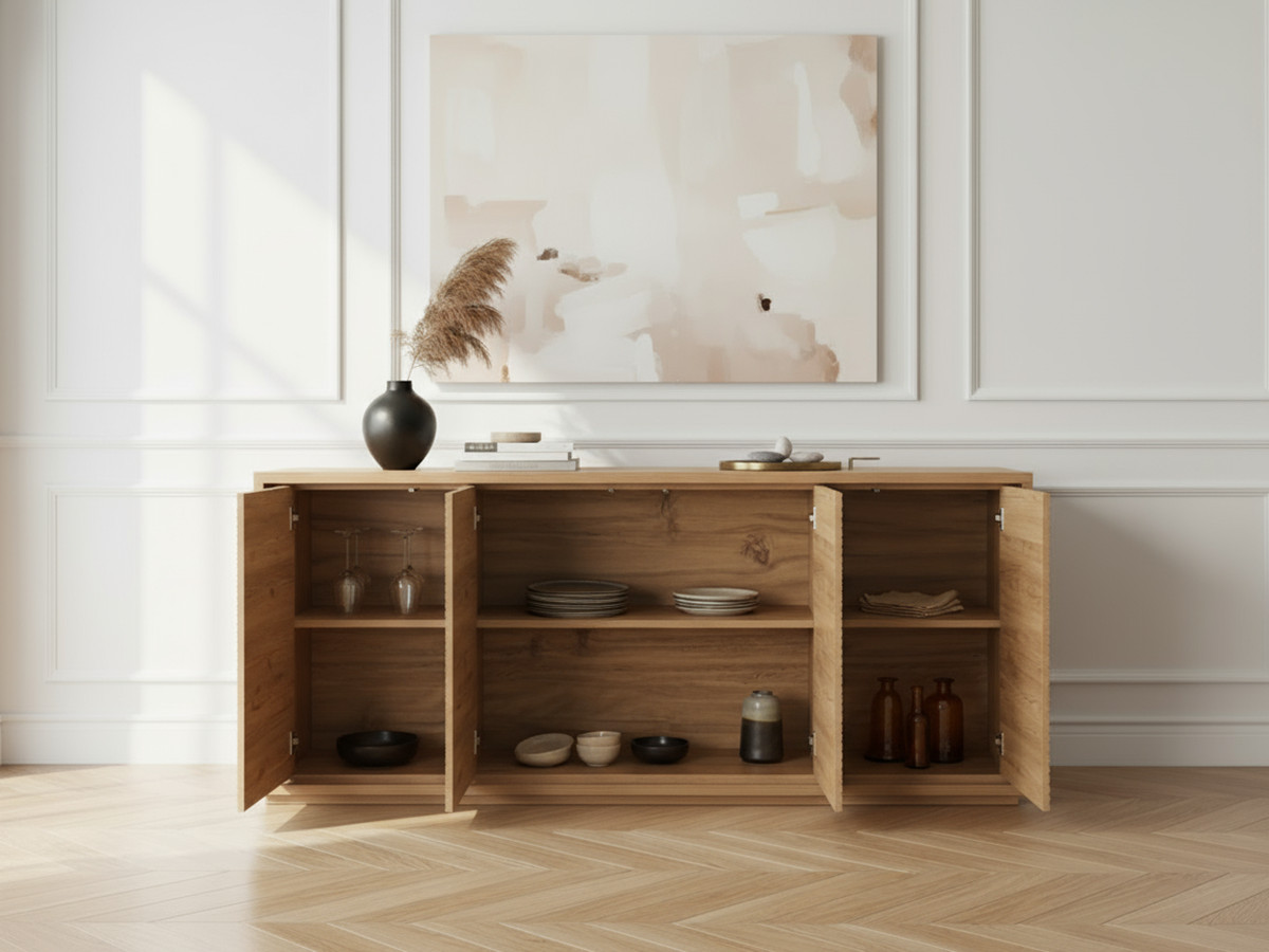 Buffet 4 portes 180 cm FERRET effet tasseaux de bois