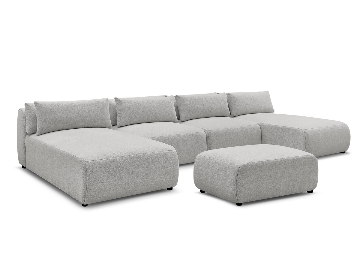 modulaire vaste panoramabank met hoofdsteunen jana gemêleerde stof met 2 chaise longues, 2 fauteuils en 1 kleine poef gekleurd lichtgrijs