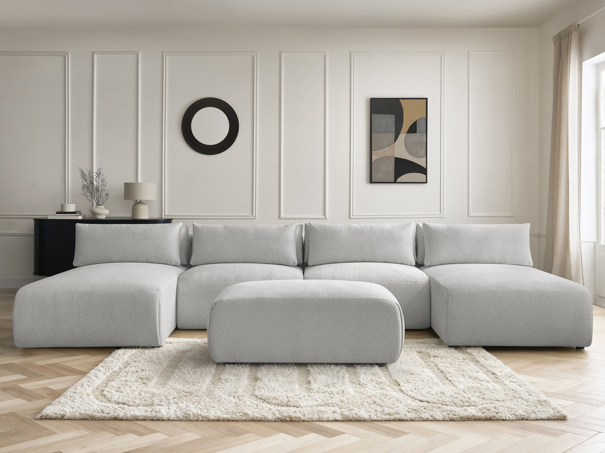 Modulaire vaste panoramabank met hoofdsteunen JANA gemêleerde stof met 2 chaise longues, 2 fauteuils en 1 kleine poef